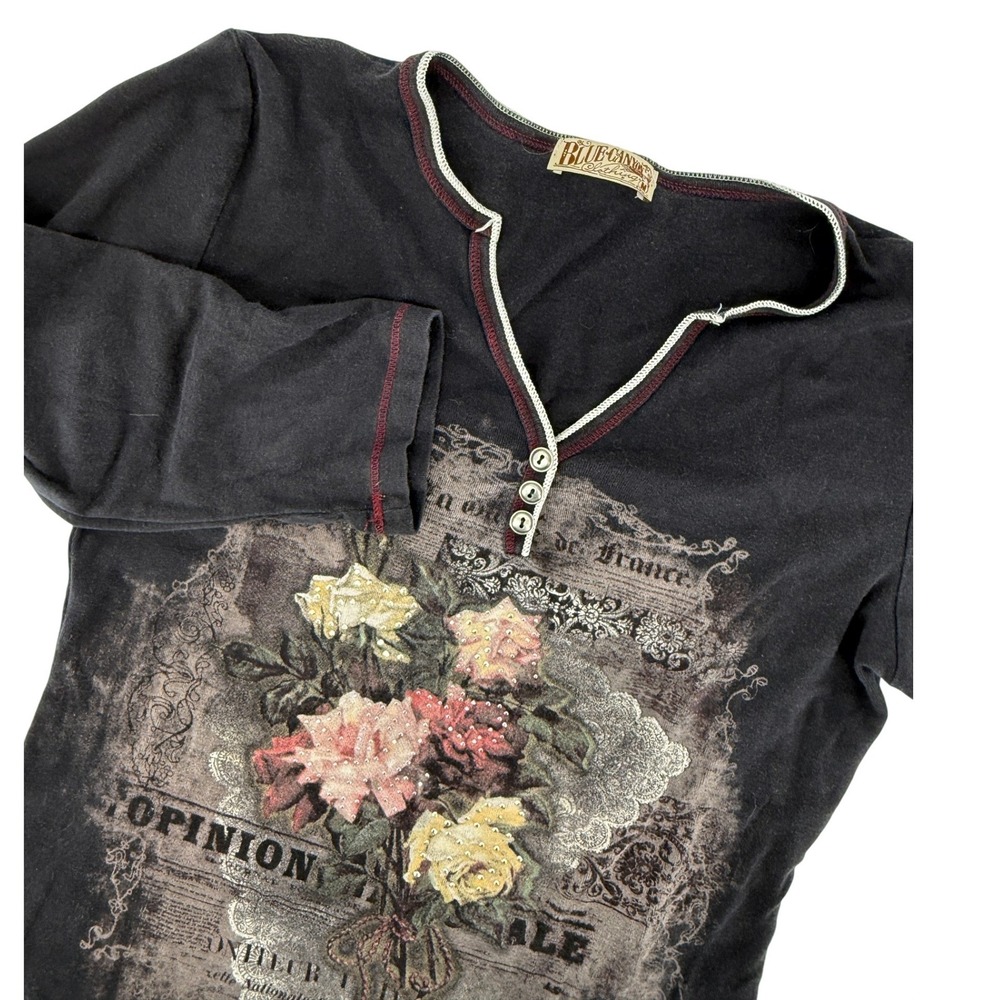 Blue‎ Canyon Y2k Women French Floral Graphic Henley Top Black Sz M Rose Grunge